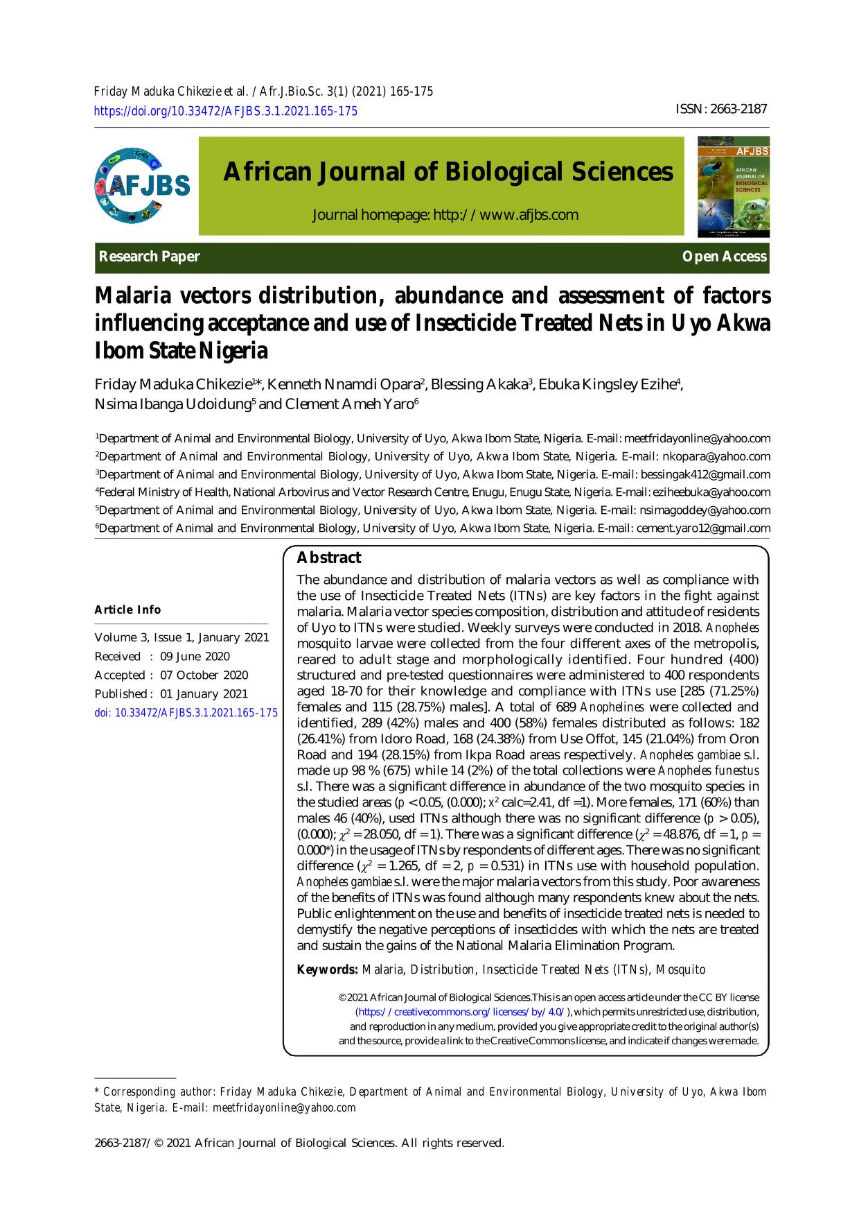 Malaria vectors distribution, abundance and assessment of factors  influencing acceptance and use of Insecticide Treated Nets in Uyo Akwa Ibom  State Nigeria : African Journal of Biological Sciences : Free Download,  Borrow,